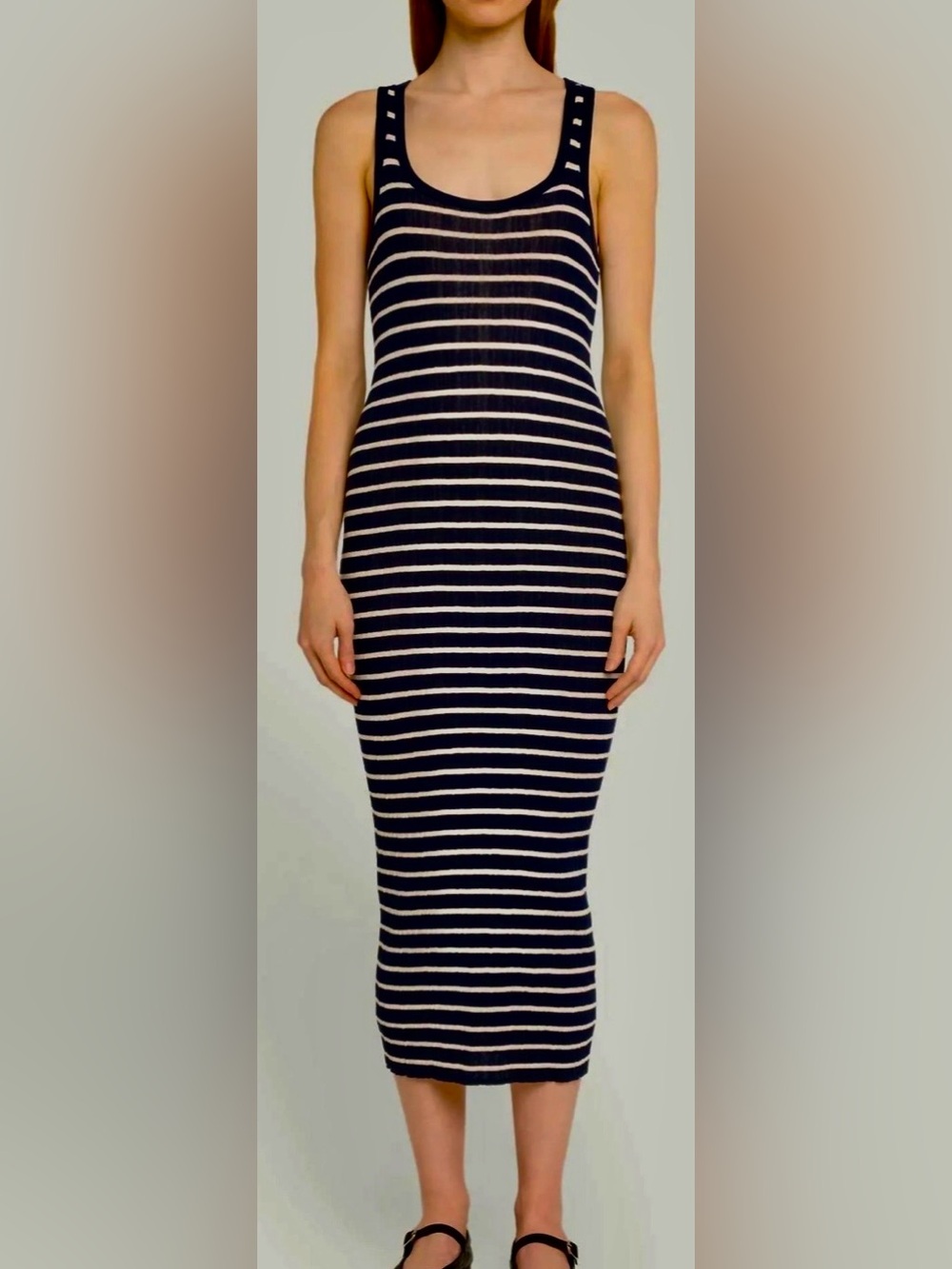 A.L.C. Navy Ivory Striped Rib Knit Racerback Maxi Dress L